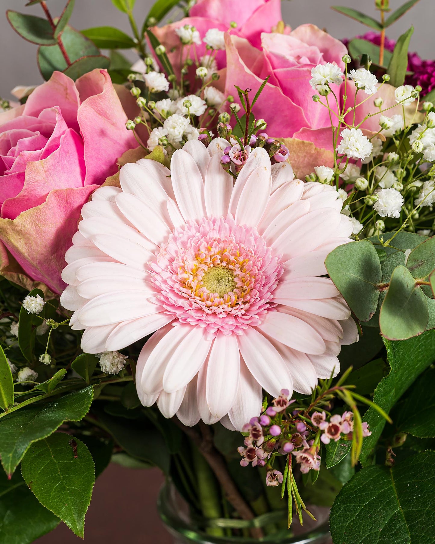 Nahaufnahme eines rosa Blumenstraußes mit zarter Gerbera, pinken Rosen und feinem Schleierkraut, perfekt als liebevolle Aufmerksamkeit.
